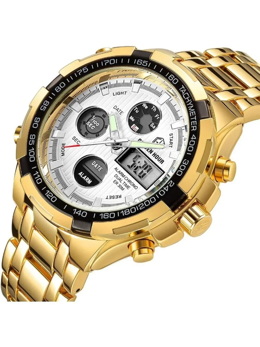 Men's Gold White Stainless Steel Analog Digital Outdoor Waterproof Luxury Watch